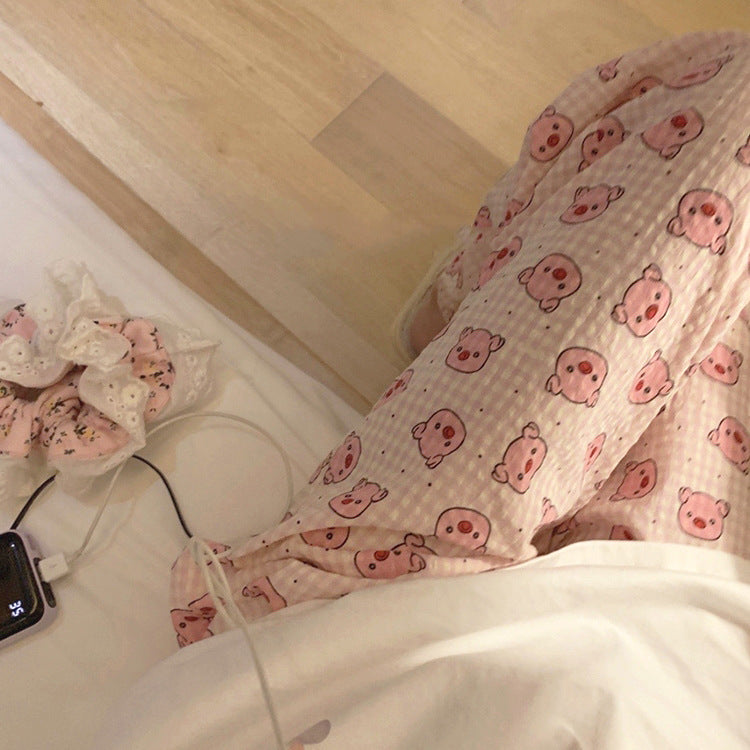 Cute Cartoon Milk Silk Pajama Pants for Women – Loose, Casual, Spring & Autumn