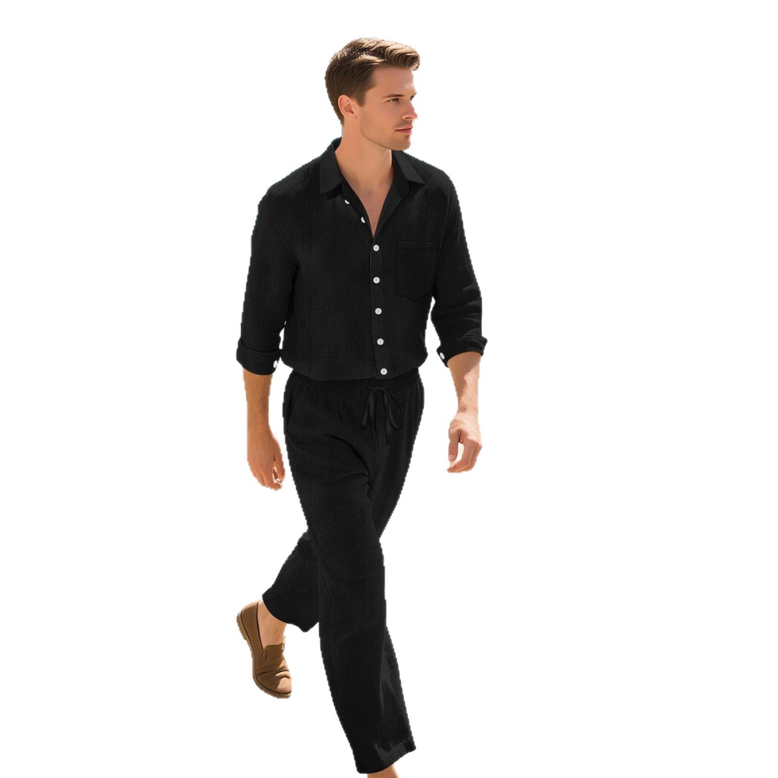 Men's Casual Linen Loose Breathable Long Sleeve Suit Set