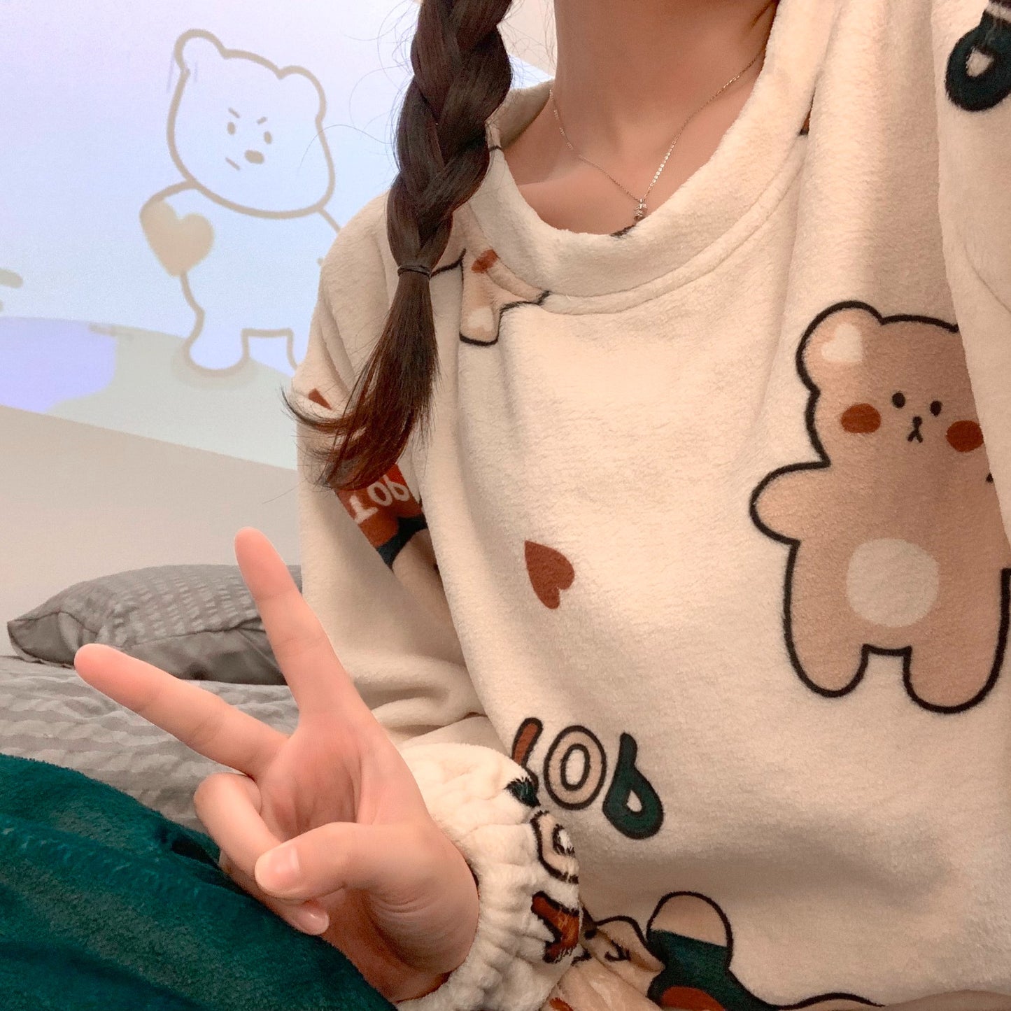 Cute Cartoon Flannel Warm Student Crew Neck Homewear Pajama Set