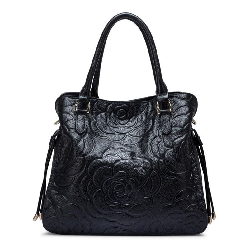 ZENCY Rose Pattern Leather Handbag – Cowhide, Multiple Colors, 30x28x11cm