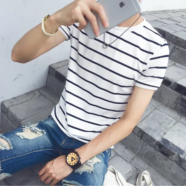 T-shirt rayé homme coupe slim, col rond, sans col