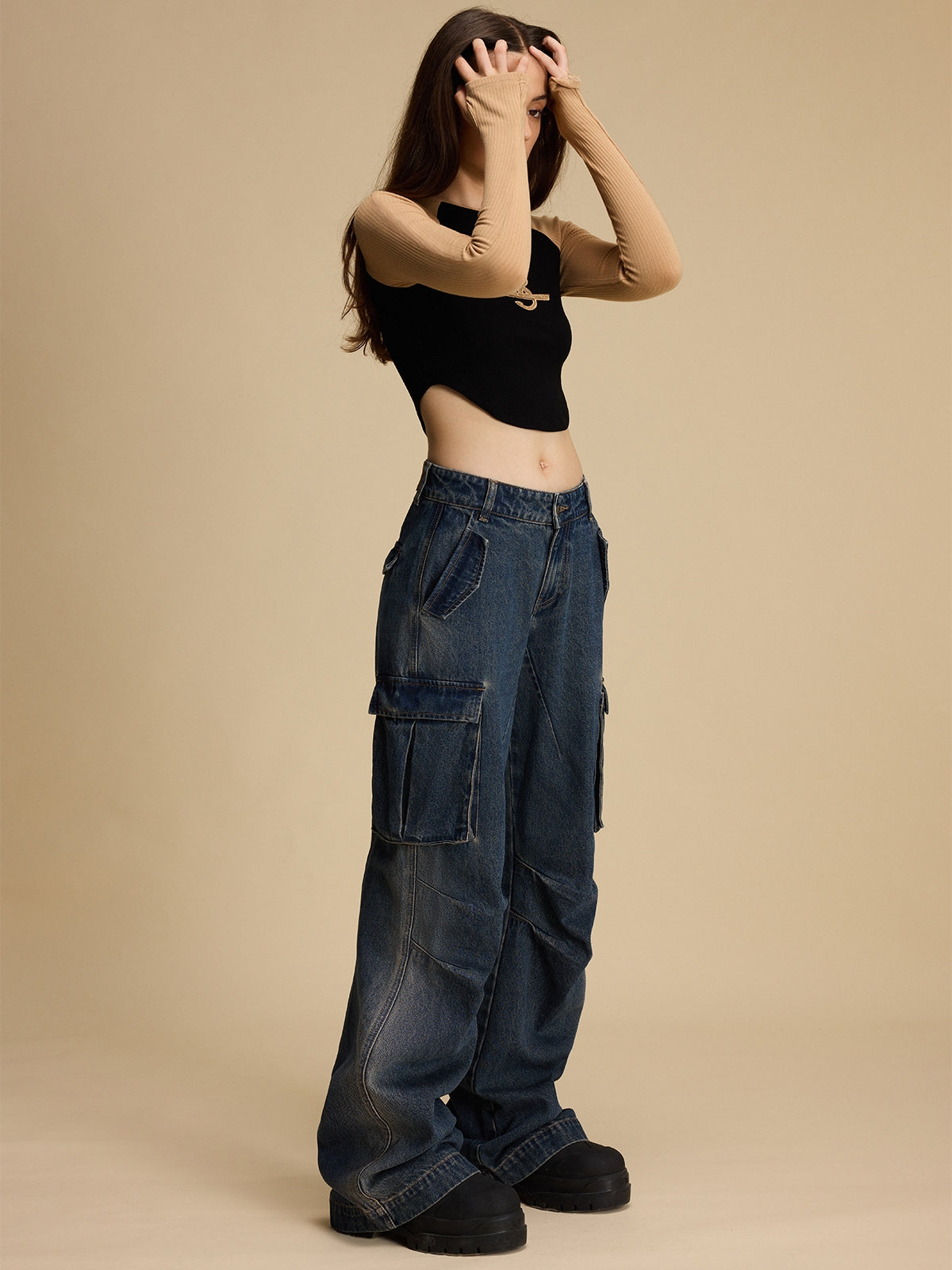 Heavy Industry Dark Wide-Leg Denim Overalls with Multi-Pockets