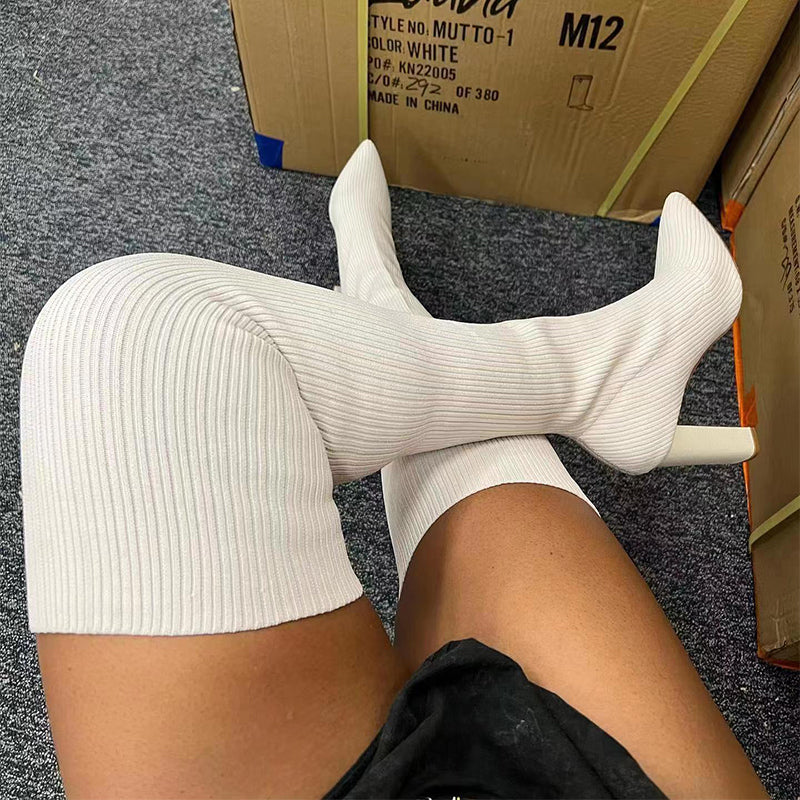 Bottes d'hiver cuissardes à talons hauts et bout pointu en maille extensible pour femme