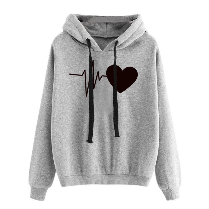 Sweat à capuche streetwear pour femme à imprimé cœurs, manches longues, pull, printemps-automne