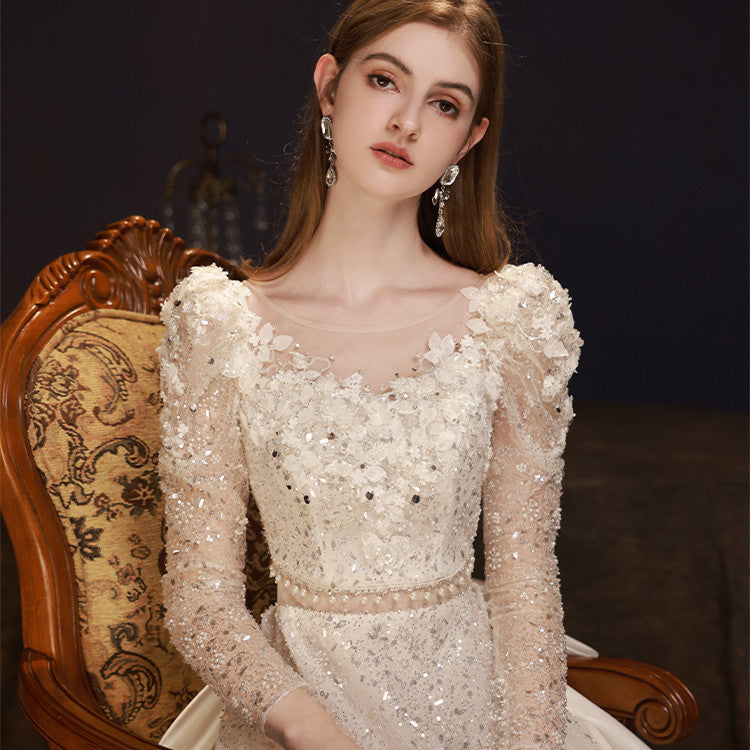 Women's Fashion Beige Heavy Mesh Sequin Dress