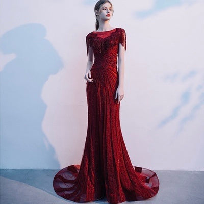 Robe de soirée de mariée sirène bordeaux à manches longues