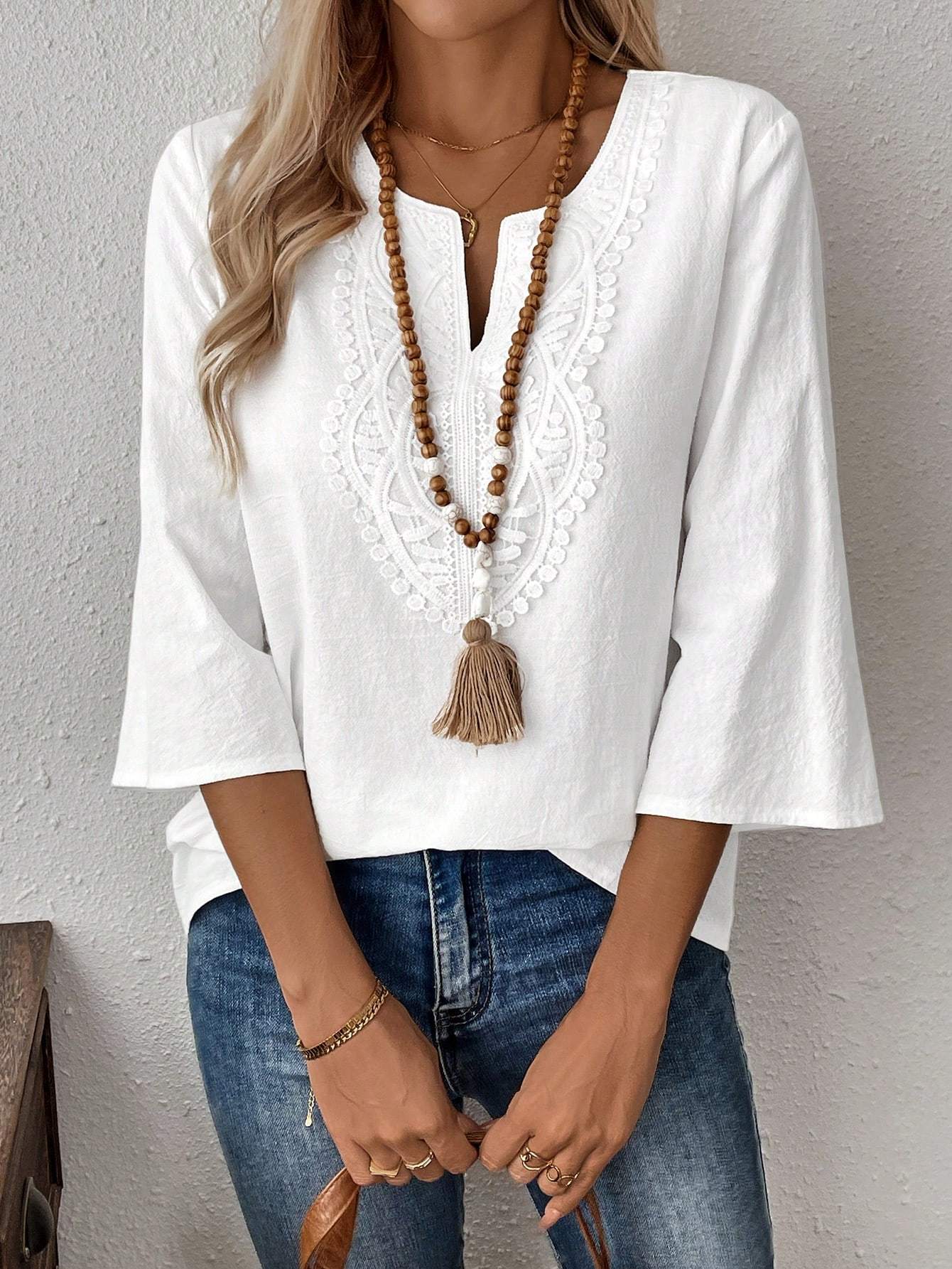 Women's Casual Solid V-Neck Long Sleeve Blouse