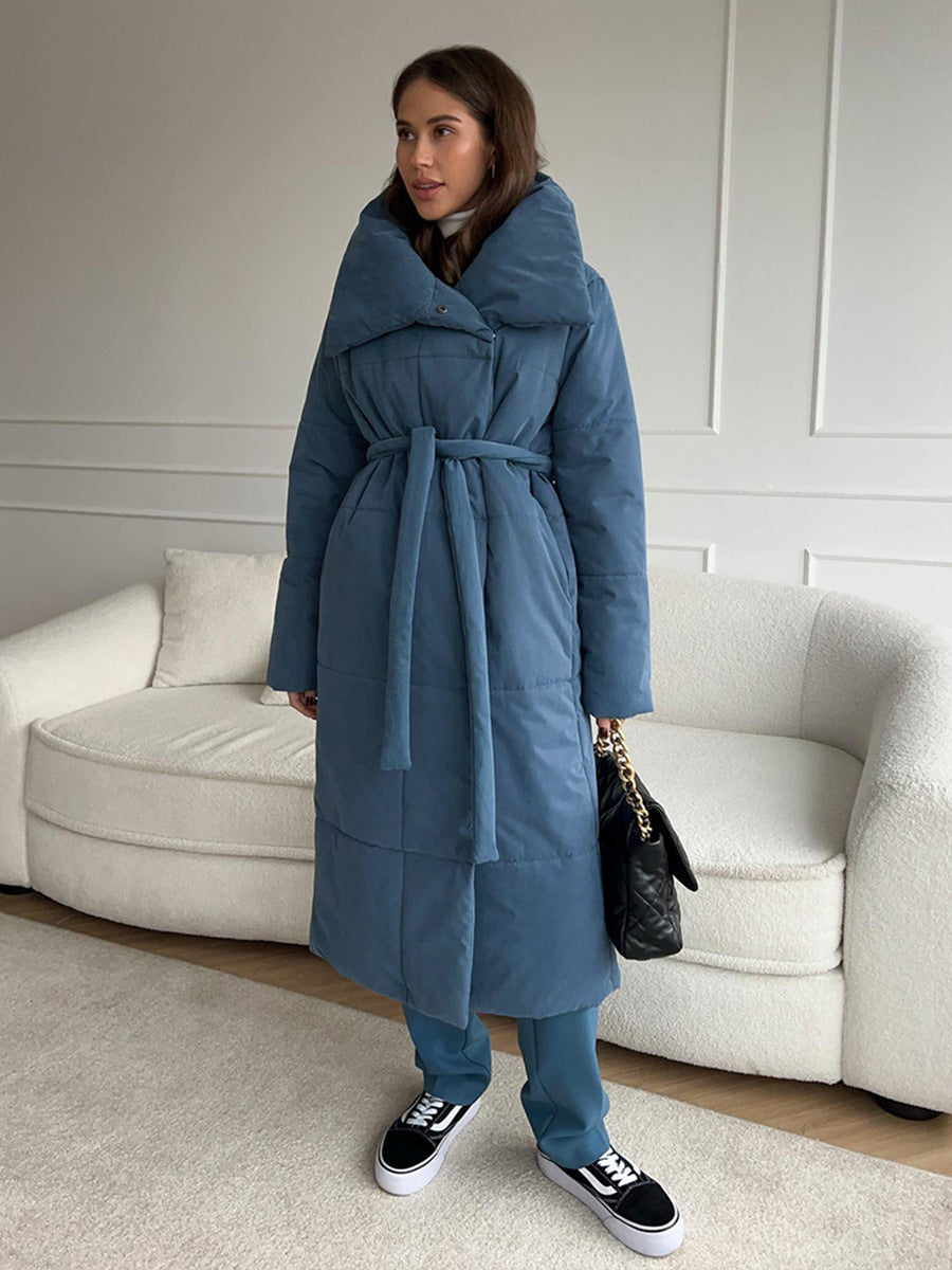 Fashion Large Lapel Long Winter Cotton Coat with Pockets and Lace-Up Design for Women