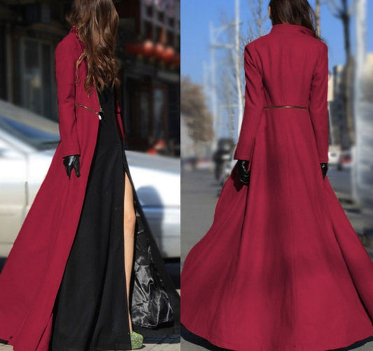 Slit Mopping Floor Super Long Woolen Stand-collar Coat Style
