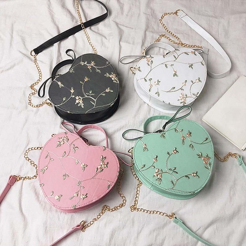 Peach Lace Heart Lock Shoulder Bag for Women 32x23x13cm