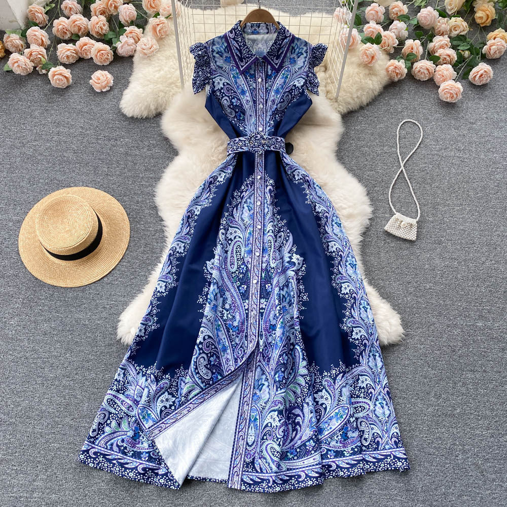 Robe Rétro Femme d'Été Col Polo Taille Haute à Lacets, Blanche et Bleue