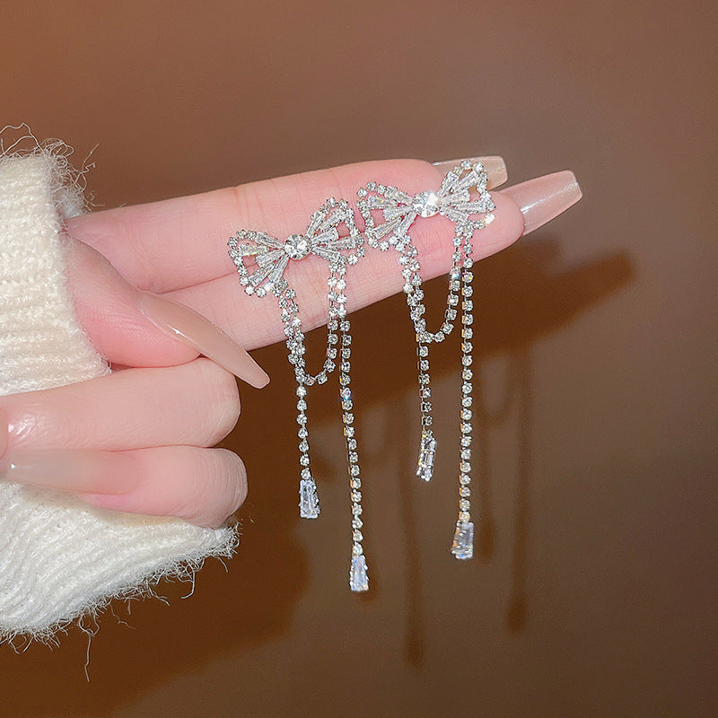 Silver Needle Exquisite Full Diamond Long Fringe Earrings