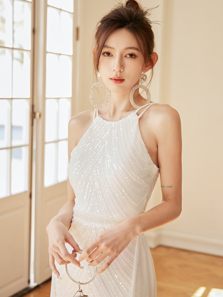 Robe Fourreau Blanche à Paillettes et Nœud Élégante Haut de Gamme