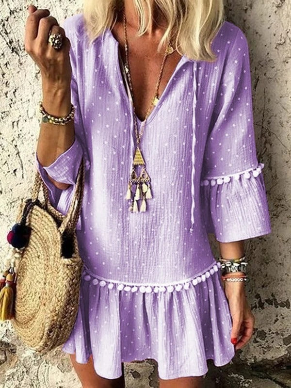 Polka Dot V-Neck Mid-Length Autumn Dress in Pink & Apricot