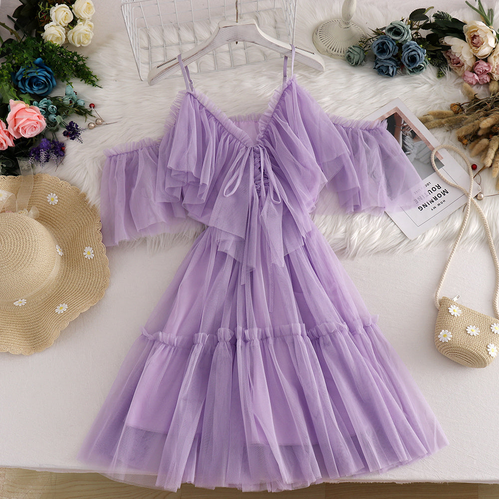 Robe en résille à volants et bretelles dénudant les épaules, multicolore, taille unique