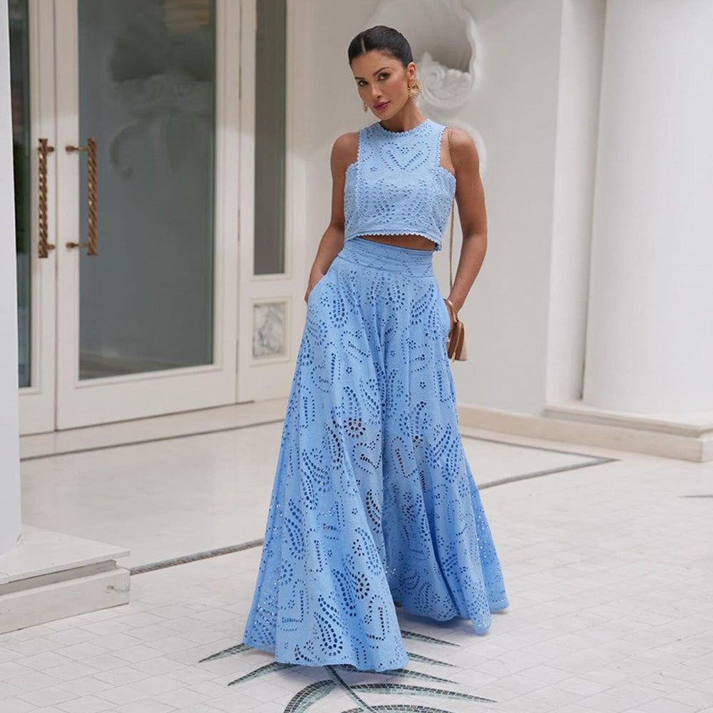 Women's Clothing Elegance Sleeveless Embroidery Lace Long Dress Holiday Suit Two-piece Set