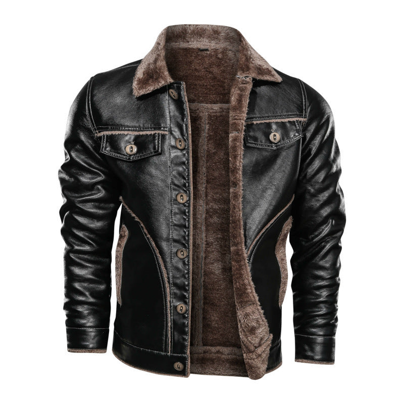 PU Leather Lapel Jacket with Zipper, Black & Brown, M-8XL