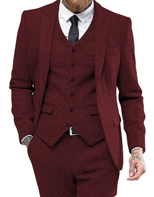 Men's Three-Piece Suit with Viscose Blend & Flat Collar
