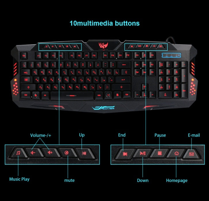 Clavier de jeu filaire rétroéclairé tricolore et souris lumineuse disposition russe USB