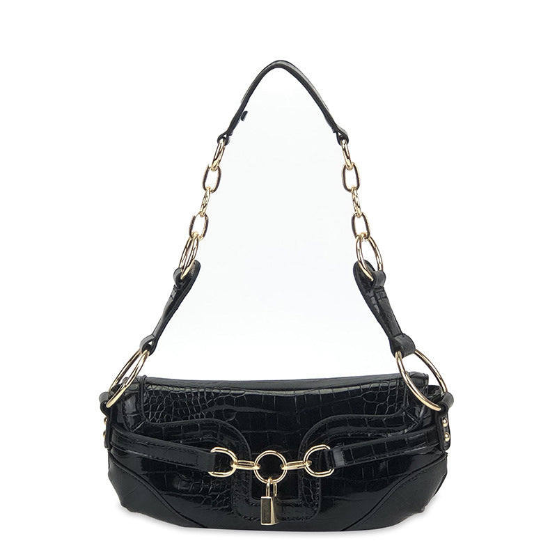 Petit sac baguette d'aisselle à cadenas, motif vintage et chaîne