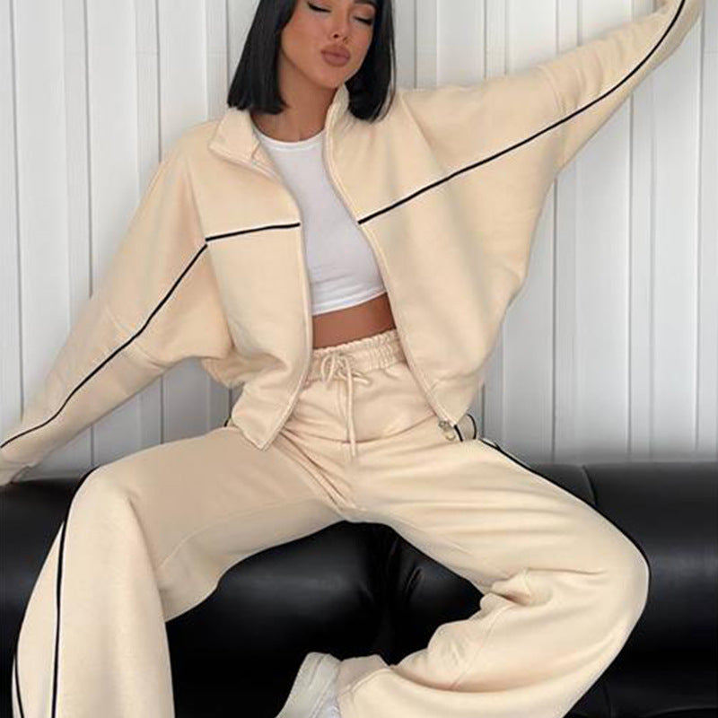 Women's Long Sleeve Half Turtleneck Cardigan Suit with Trousers