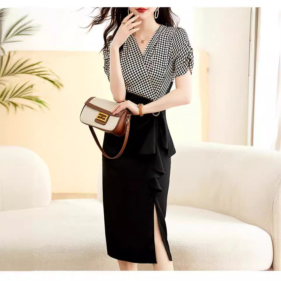 Elegant High Waist Plaid Mid-Length Sheath Skirt for Office Women