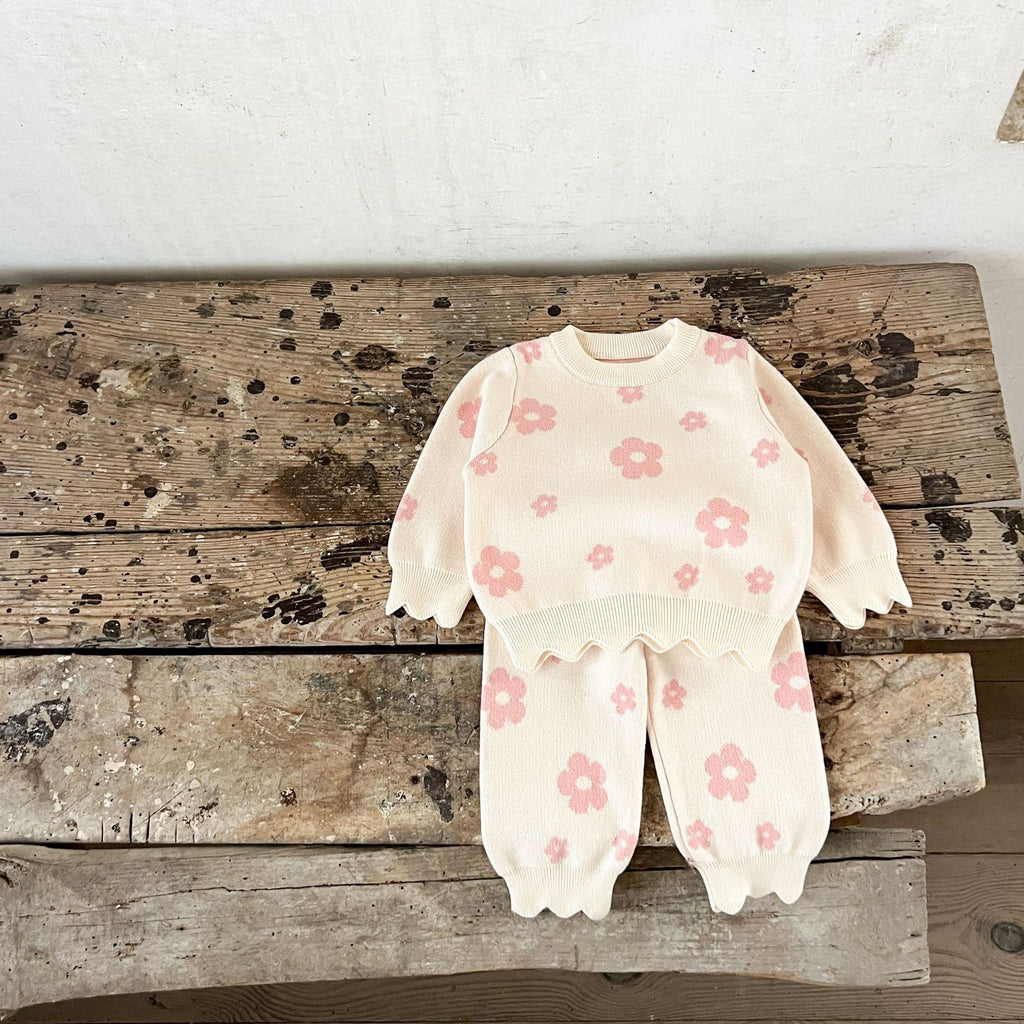 Ensemble pull en laine à fleurs et pantalon ample en coton style coréen pour bébé fille