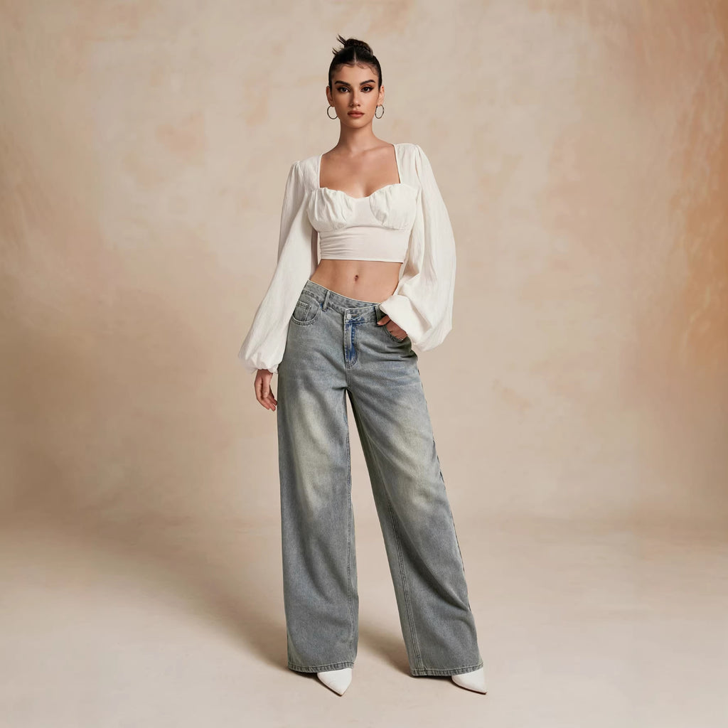 Light Blue Mid-Rise Loose Flared Denim Trousers