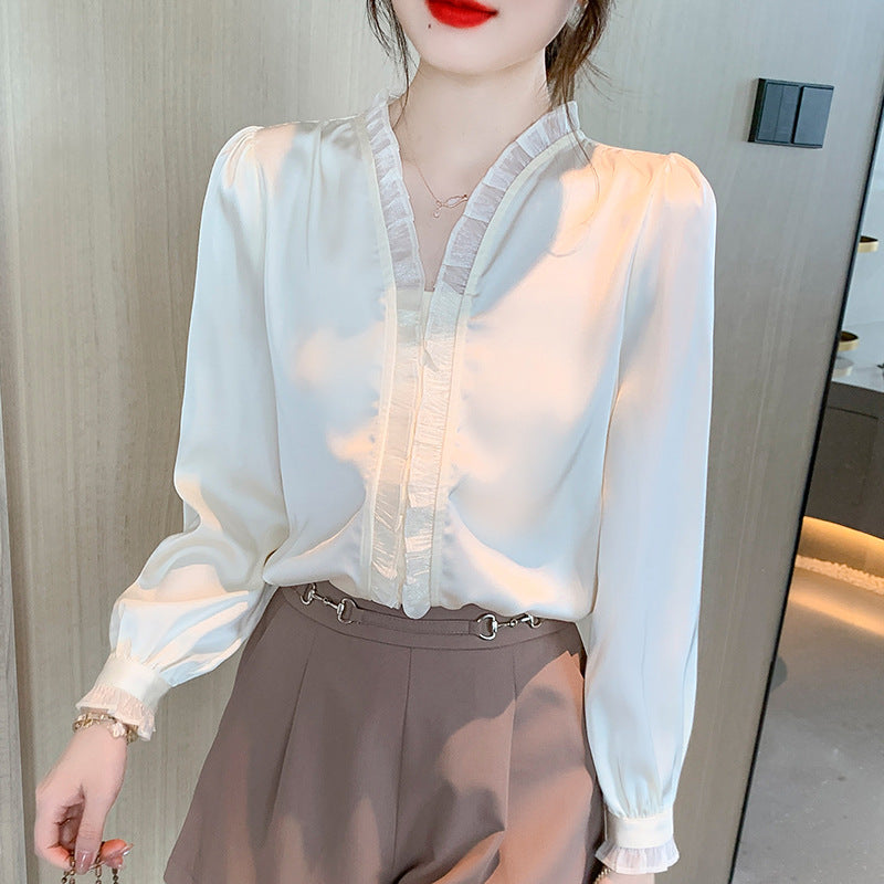 Sweet Wood Ear Apricot Chiffon V-Neck Shirt Women