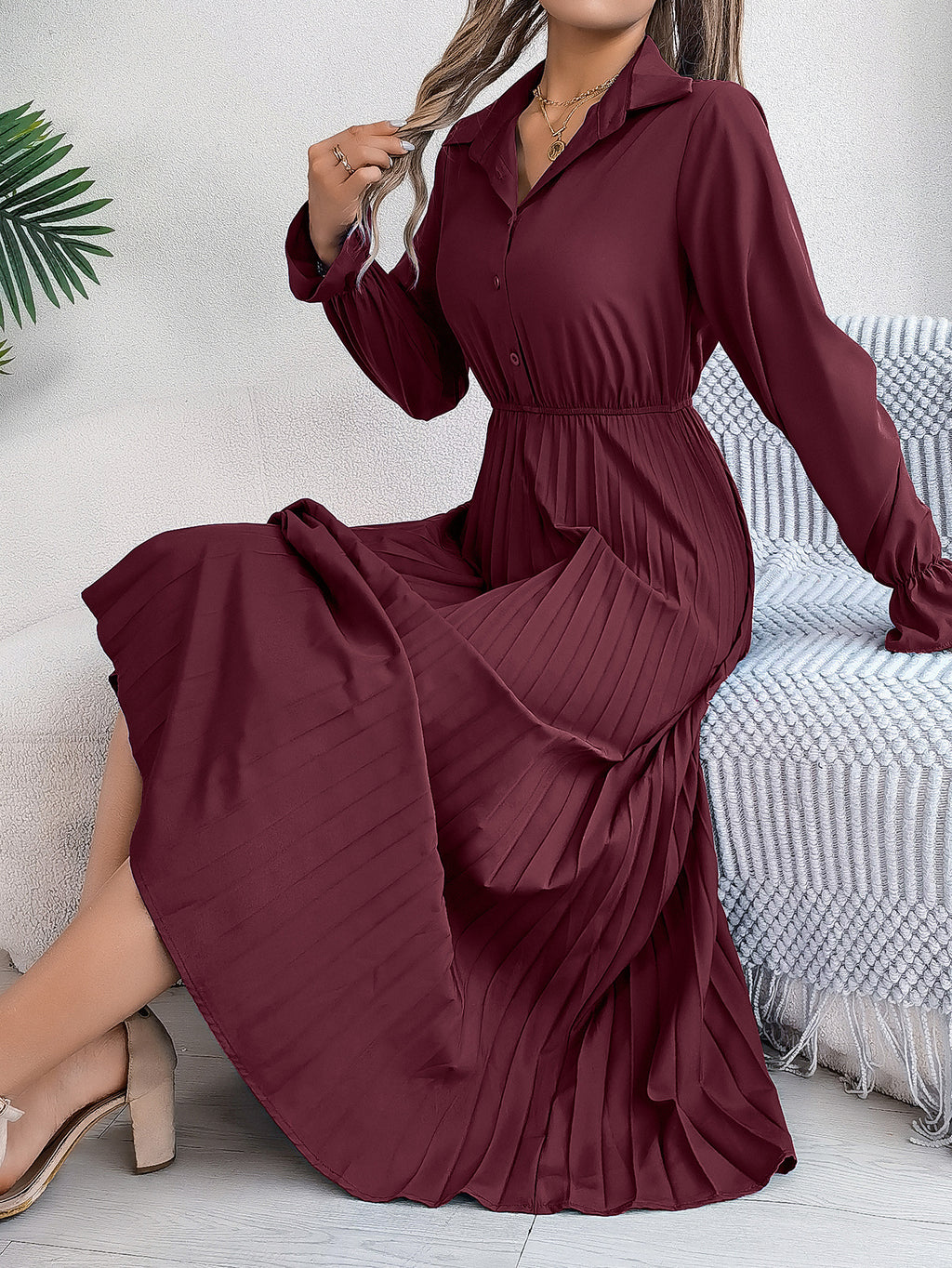 Autumn & Spring Long Sleeve Pleated Dress with Lapel and Button
