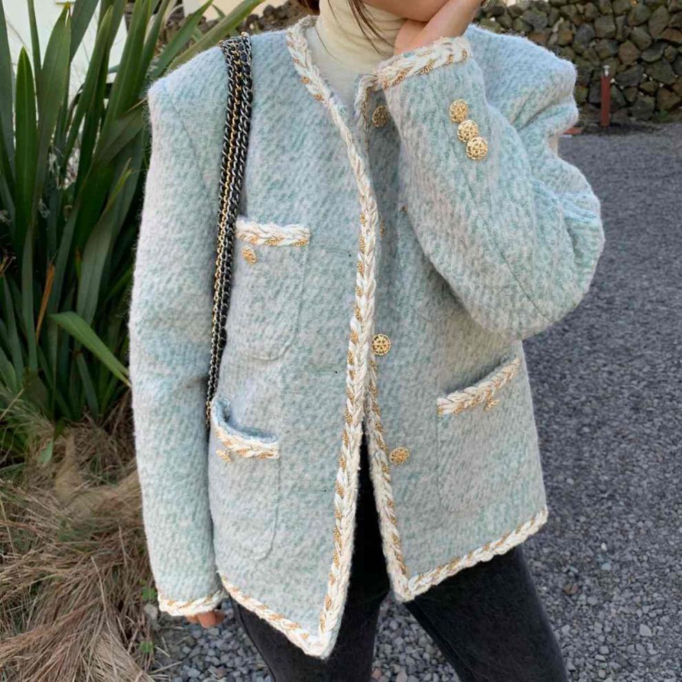 Women's Autumn Retro Wool Single-Breasted Loose Short Coat in Green, Black & Apricot
