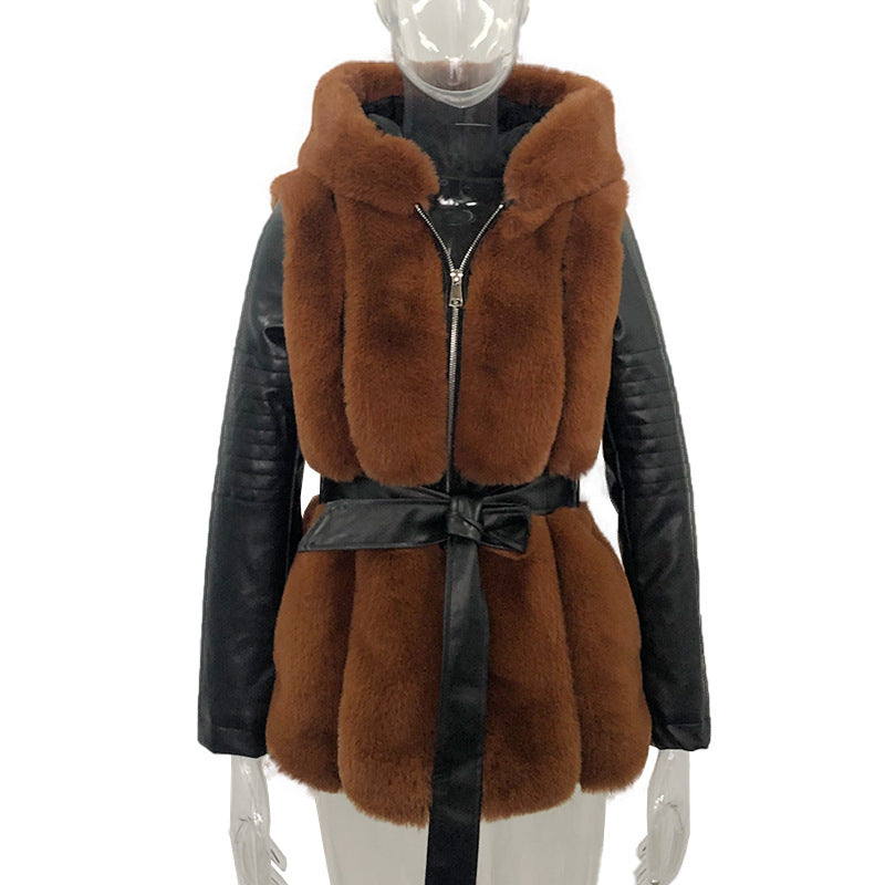 Women's Hooded Zipper Jacket with Fur Belt in Pink, Gray, Black, Brown