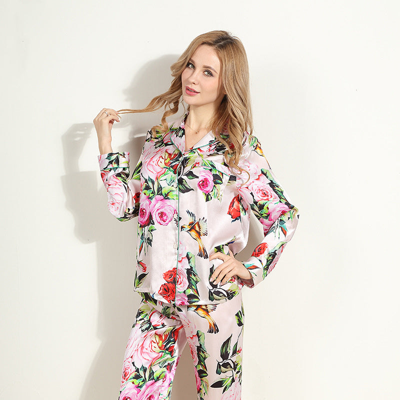 Ensemble Homewear Grande Taille en Soie de Mûrier Imprimée à Manches Longues