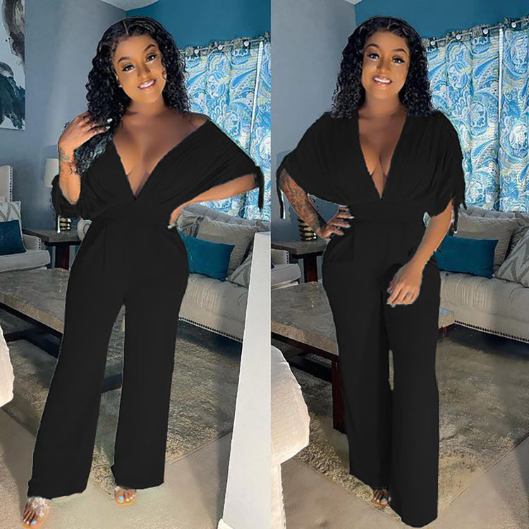Women’s Solid Color Drawstring Short Sleeve Loose Jumpsuit