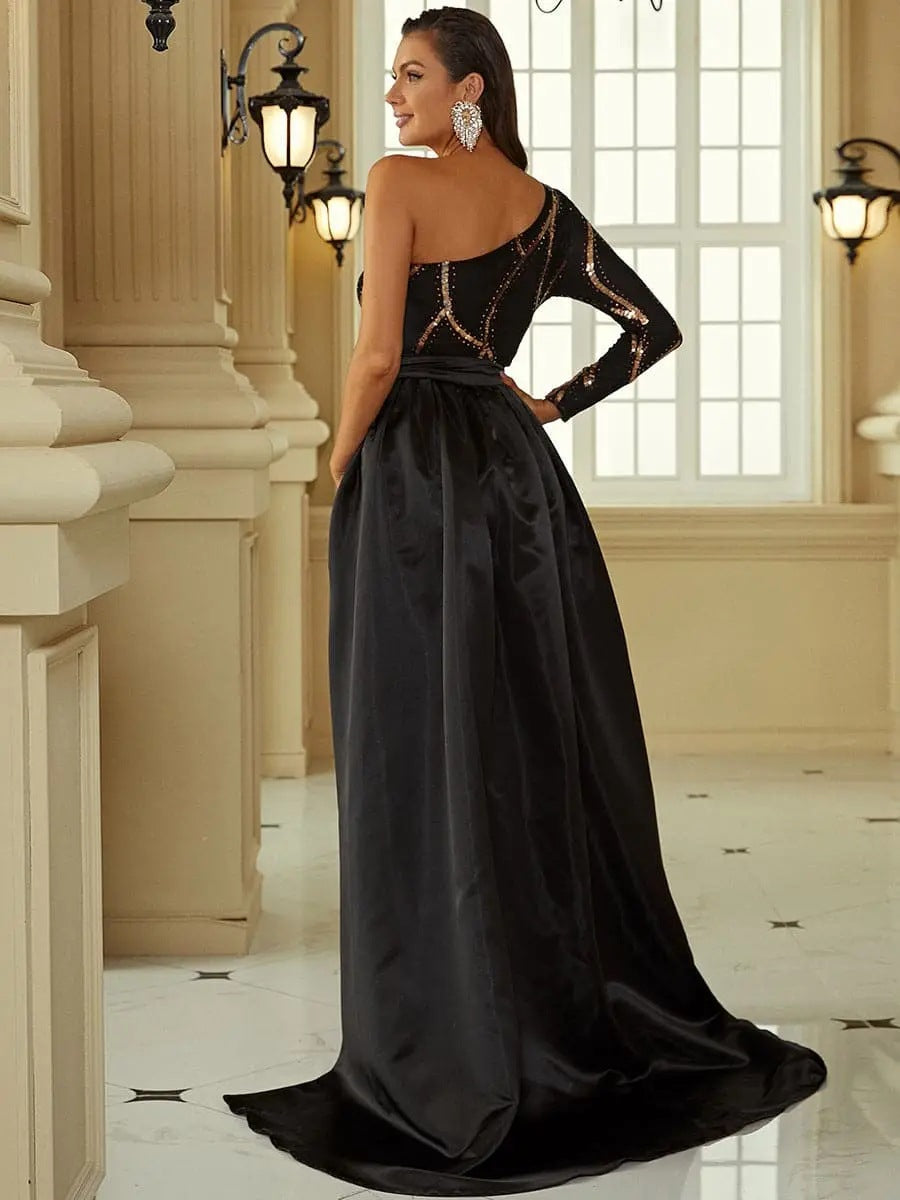 Women's Red Sequined Mid-Waist A-Line Banquet Dress