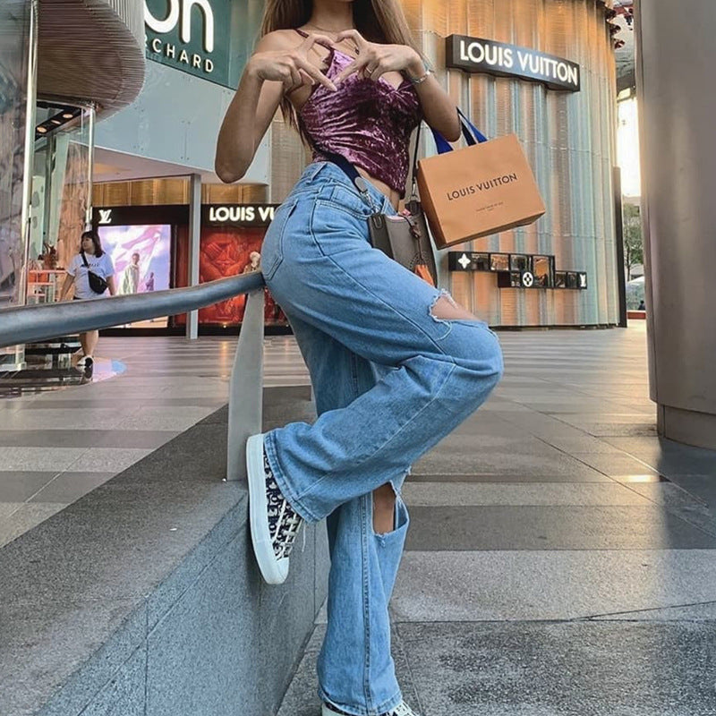 Summer Women's Ripped High Waist Wide Leg Jeans