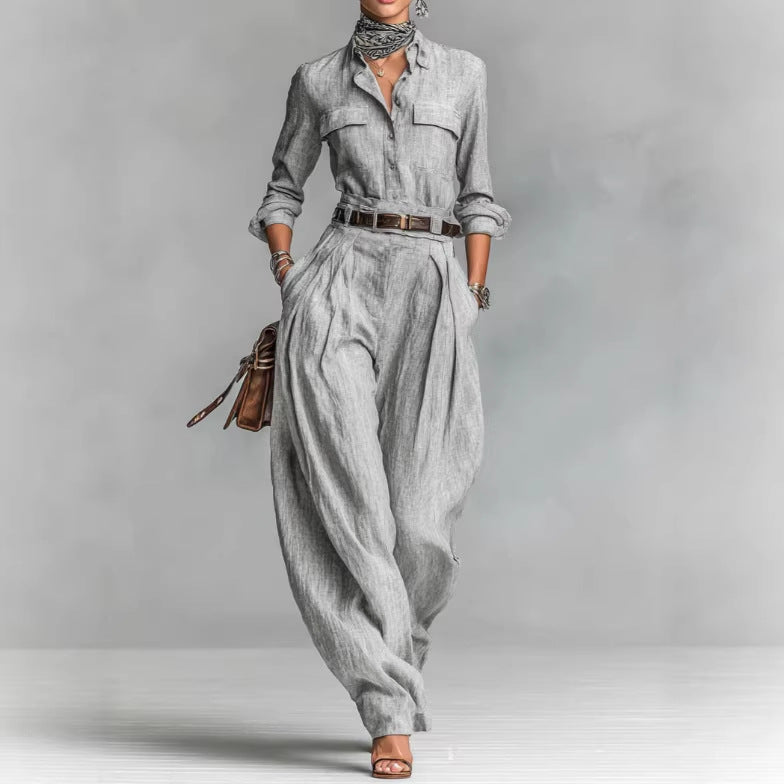 Ensemble Femme Chemise Grise Manches Longues & Pantalon Large