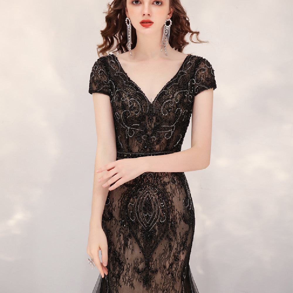 Atmospheric Korean Fishtail Long Dress with Zipper in Black Gold