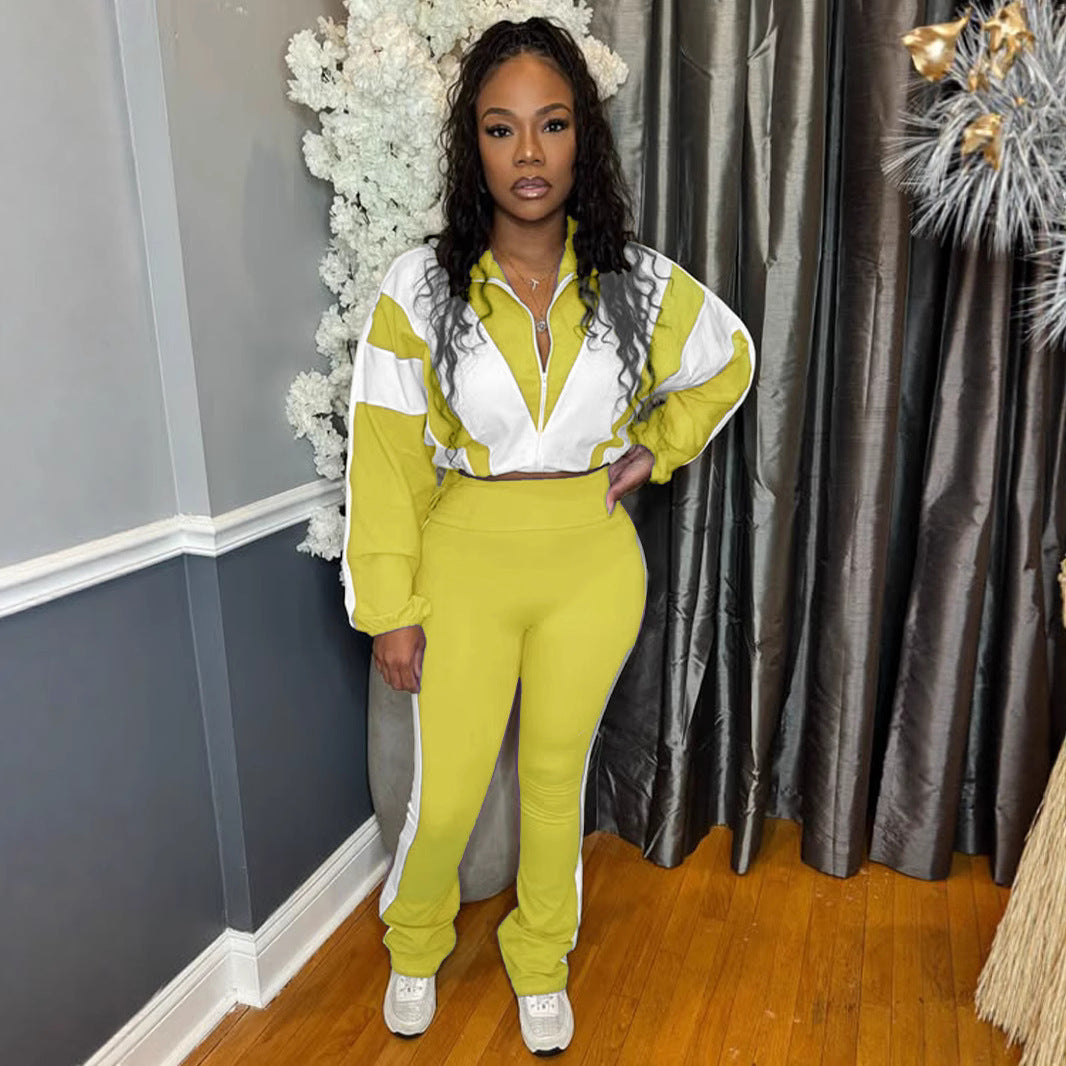 Elastic Buckle Waist Color Block Stitching Contrast Color Sports Casual Two-piece Suit