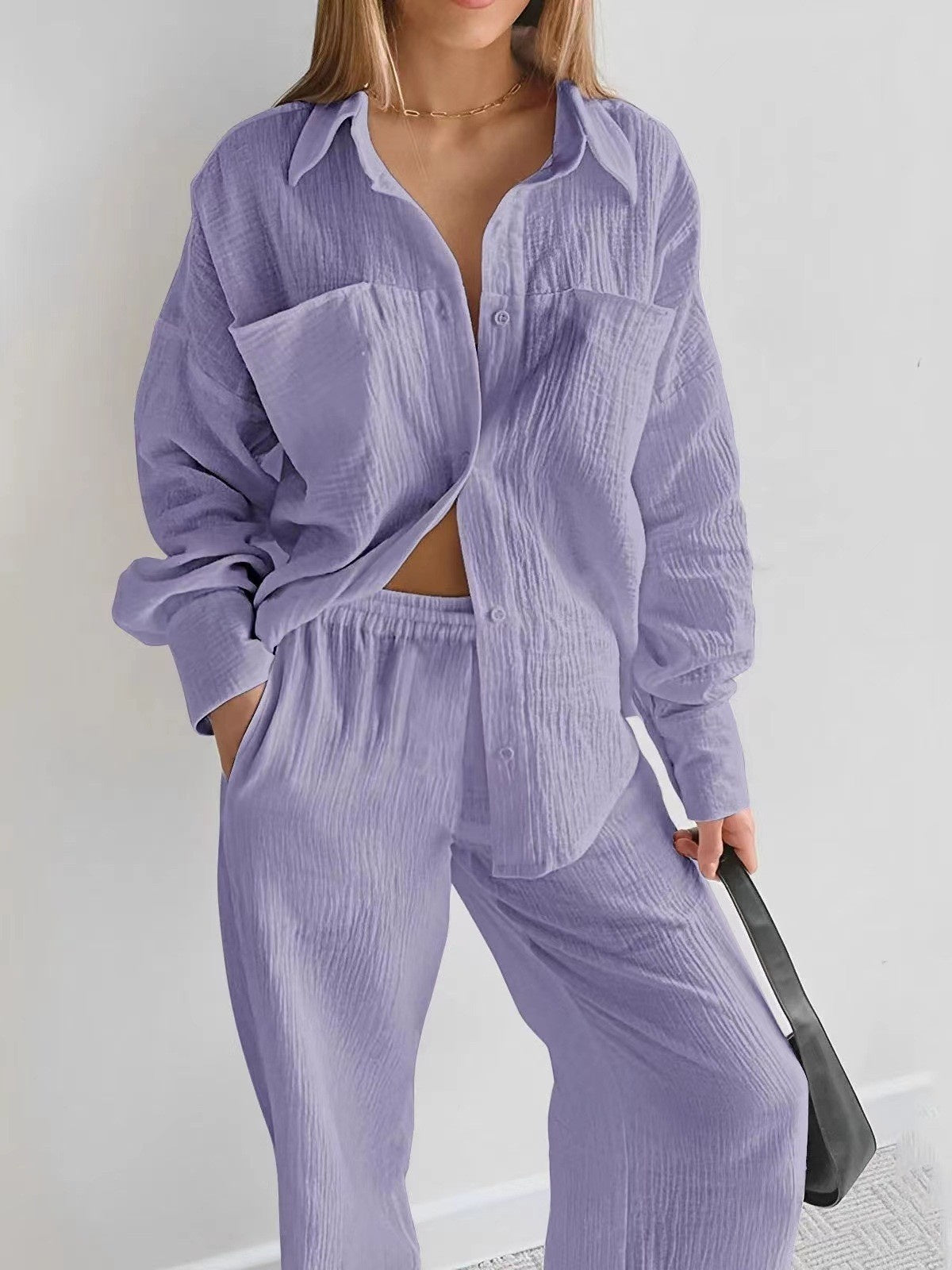 Women's Cotton Casual Loose Long Sleeve Shirt & High Waist Straight Pants Set