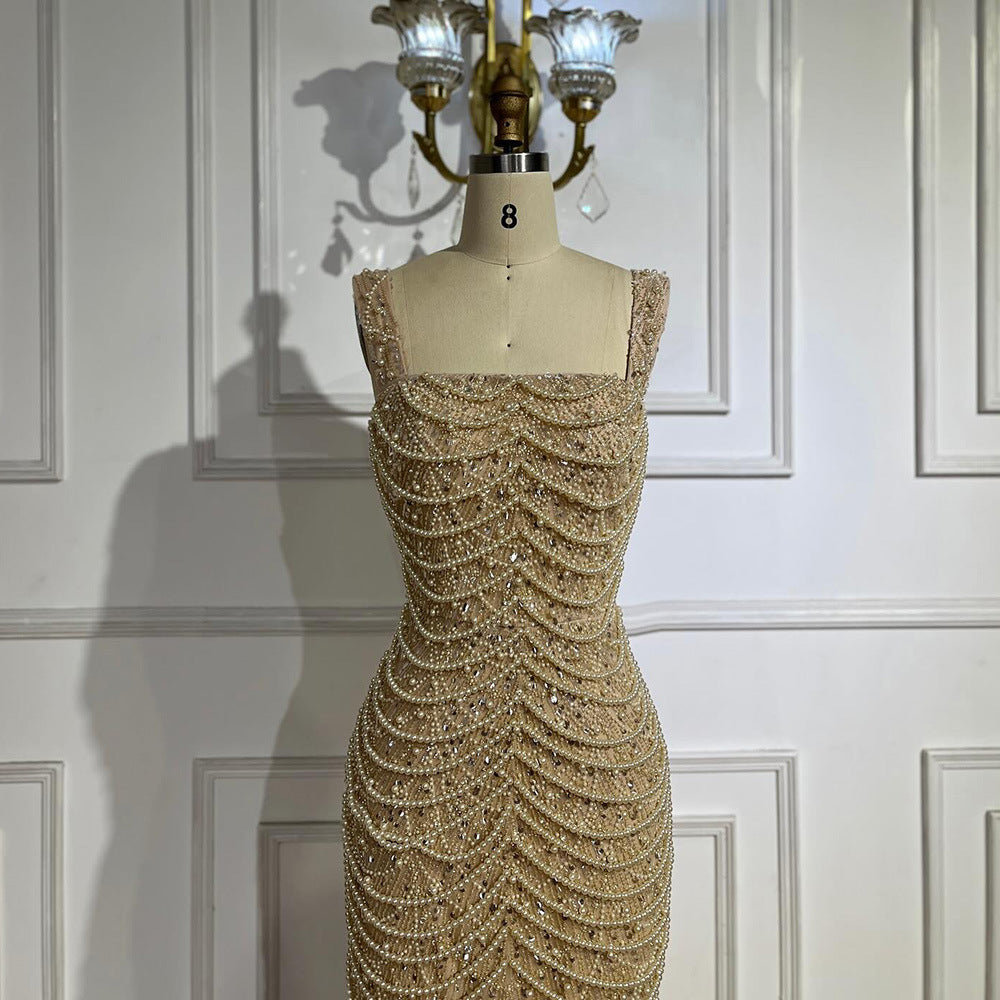 Nude Elegant High-End Pearl Beaded Sling Dress