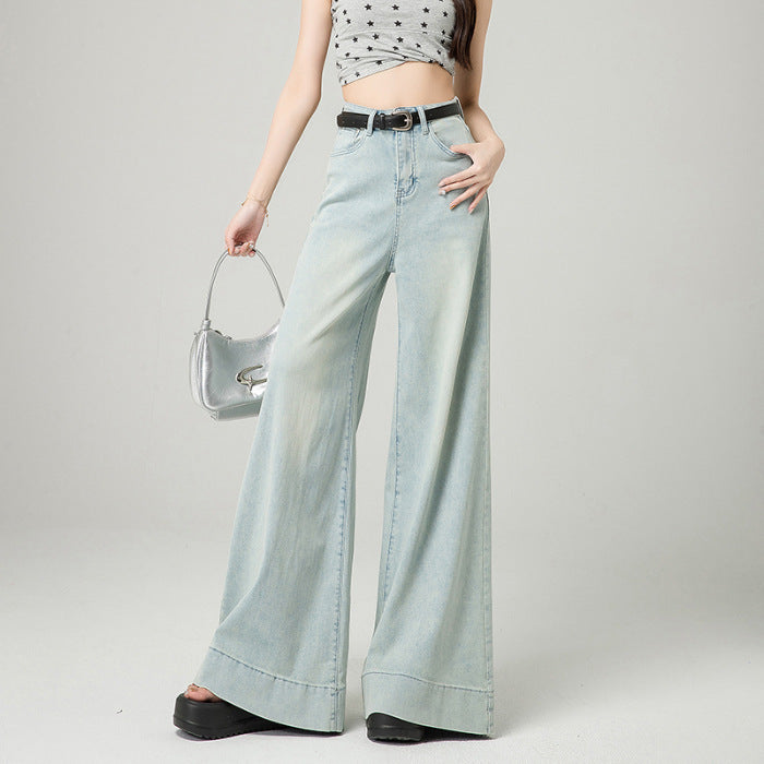 Vintage Blue High Waist Wide Leg Cotton Pants Narrow Version