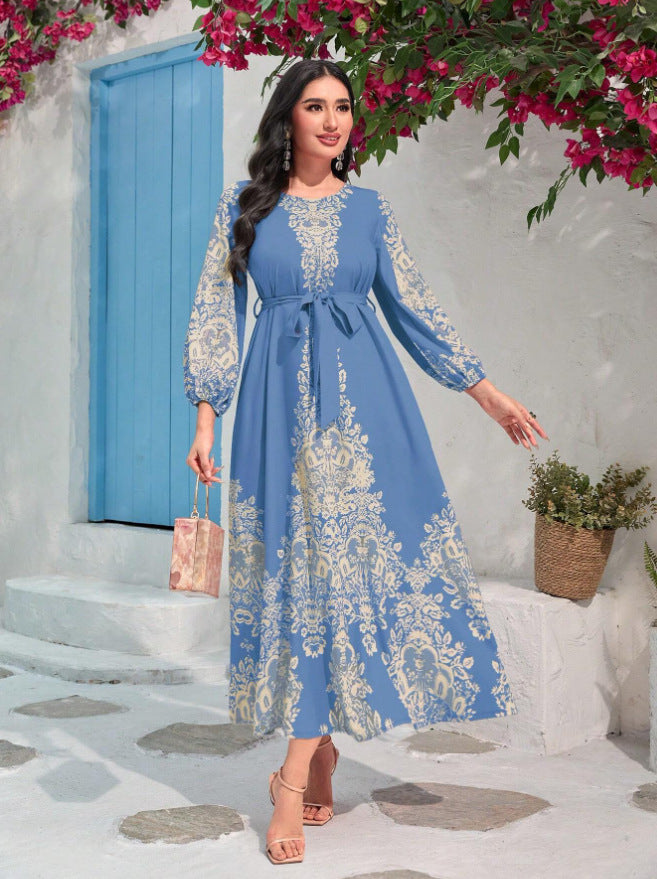 Women's Retro Printed Lantern Sleeve Long Dress with Elastic Waist