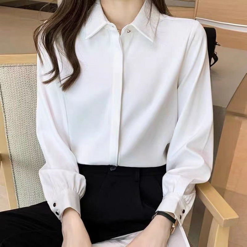 White Slim Fit Long Sleeve Shirt for Women Autumn French Chic