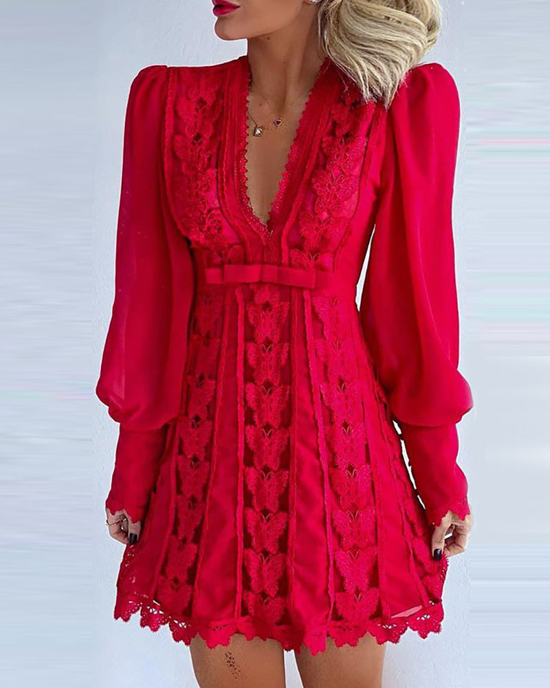 White Sexy V Neck Lace Short Dress with Long Puff Sleeves and Butterfly Design for Women