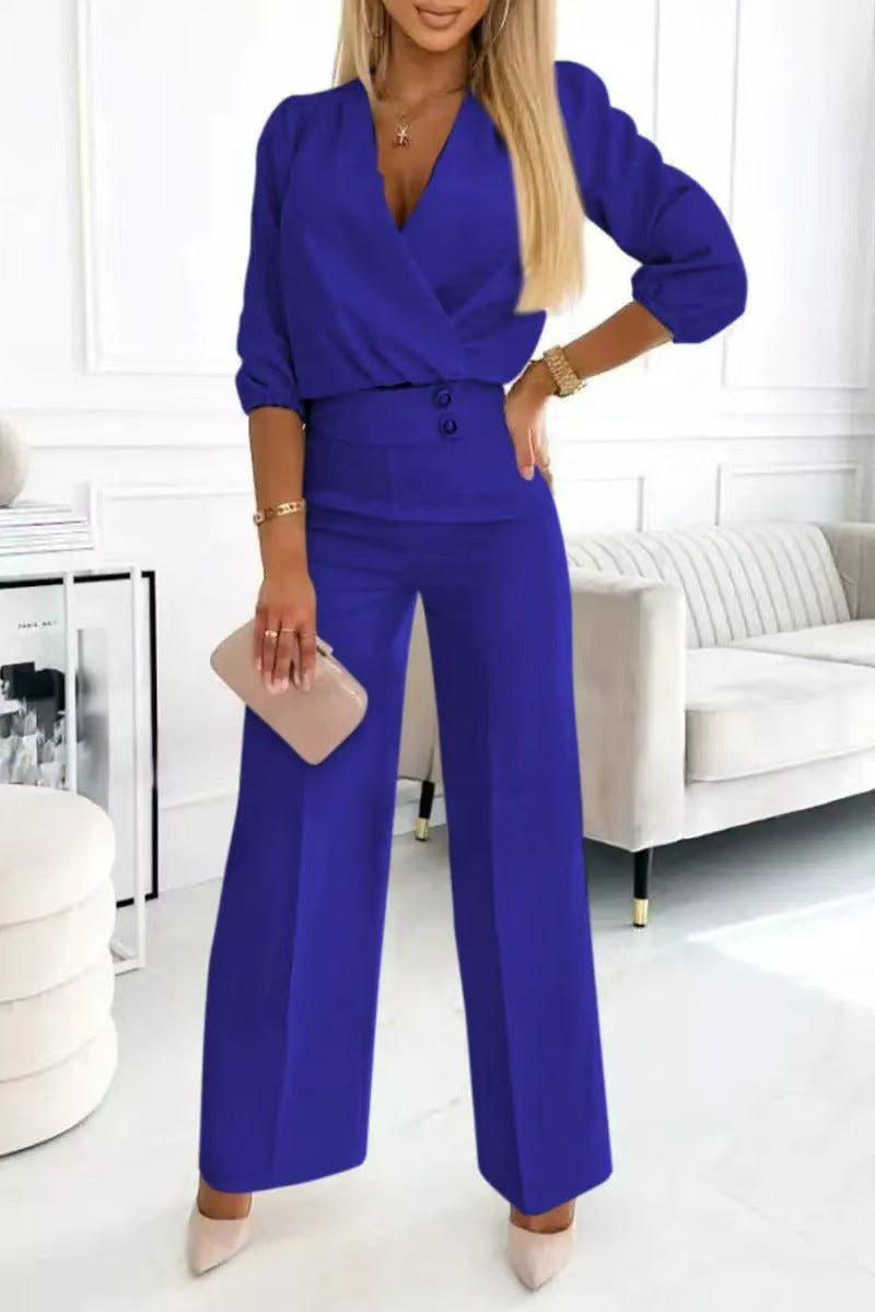 Women's V-Neck Two-Button Solid Color 2-Piece Trousers Suit