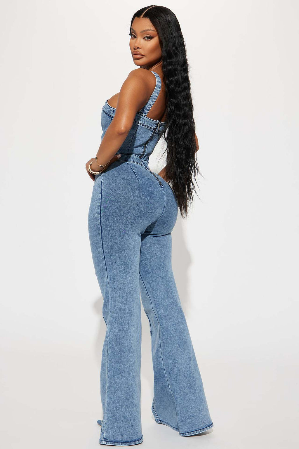 Women's Washed Blue Cotton Denim Suspender Jumpsuit Wide-Leg Slim Fit