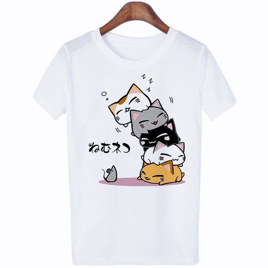New Summer Cat Short-sleeved Cute Cartoon Print Ladies Round Neck White Top T-shirt Short-sleeved