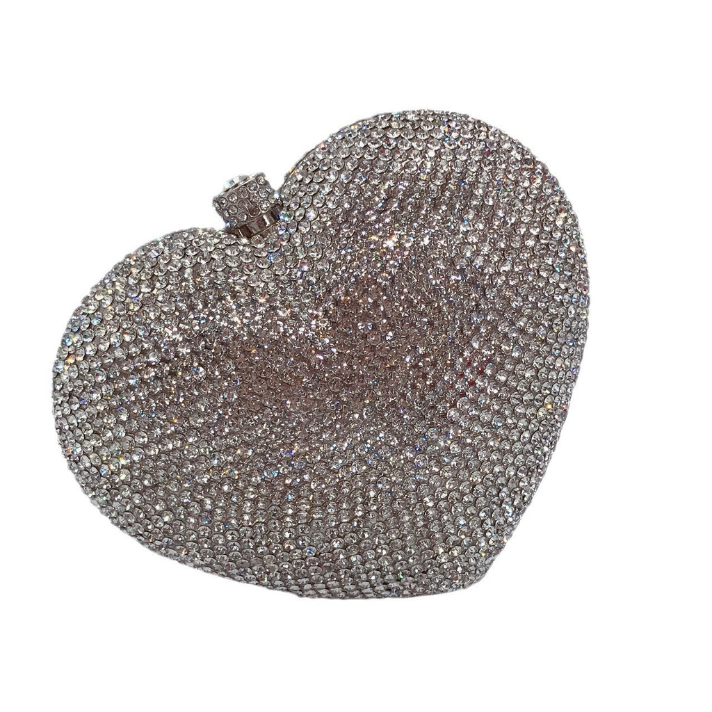 Sac de Soirée Diamant Cœur avec Anse à Main, Sac à Bandoulière Rigide en Métal 14x12x5", Rouge Noir Rose Or Argent