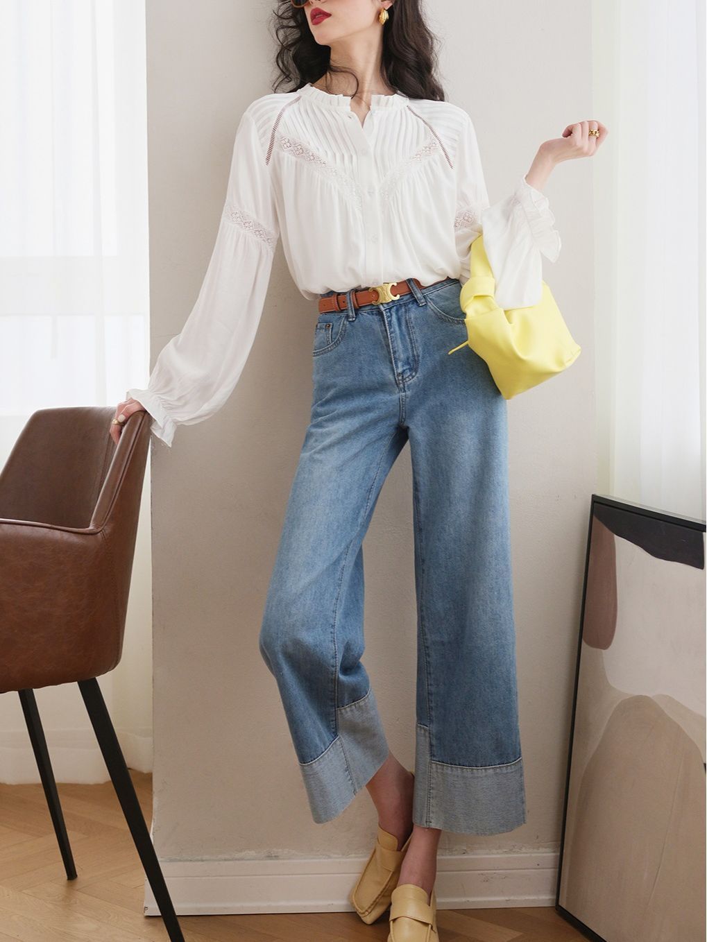 White Patchwork French Style Shirt with Lantern Sleeves